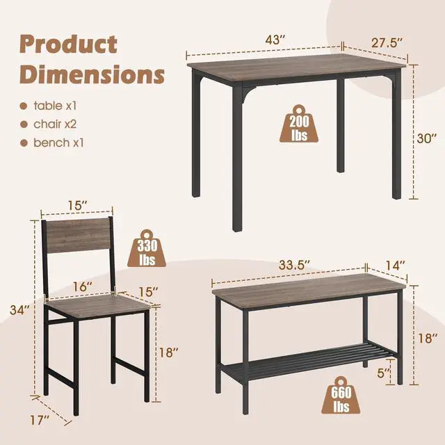 Alt view image 2 of 6 - Rectangular Dining Table Set for 4, Space Saving Kitchen Table with Bench and Chairs, Bench Seat with Storage Rack, 4 Pieces Dinette Table Set for Small Spaces, Apartment, Restaurant