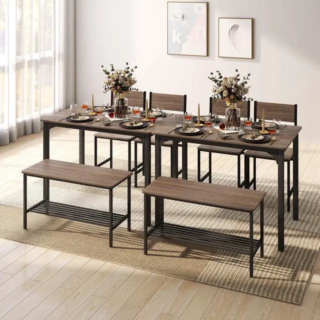Alt view image 3 of 6 - Rectangular Dining Table Set for 4, Space Saving Kitchen Table with Bench and Chairs, Bench Seat with Storage Rack, 4 Pieces Dinette Table Set for Small Spaces, Apartment, Restaurant
