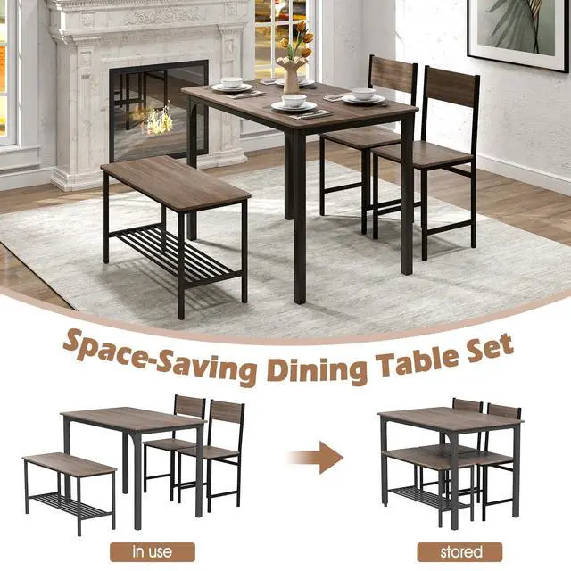 Alt view image 5 of 6 - Rectangular Dining Table Set for 4, Space Saving Kitchen Table with Bench and Chairs, Bench Seat with Storage Rack, 4 Pieces Dinette Table Set for Small Spaces, Apartment, Restaurant