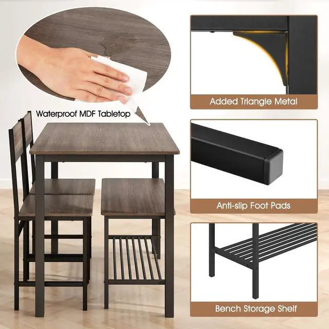 Alt view image 6 of 6 - Rectangular Dining Table Set for 4, Space Saving Kitchen Table with Bench and Chairs, Bench Seat with Storage Rack, 4 Pieces Dinette Table Set for Small Spaces, Apartment, Restaurant