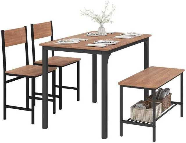 Main image of Dining Table Set for 4, Kitchen Table with Bench and Chairs, Space Saving Rectangular Dinette Set, 4 Pieces Dining Set for Small Spaces, Apartment, Restaurant (Teak)
