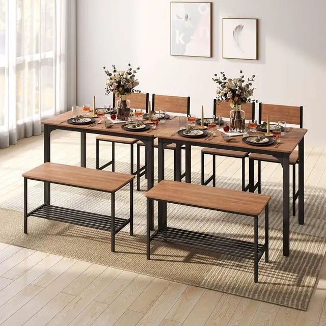 Alt view image 2 of 5 - Dining Table Set for 4, Kitchen Table with Bench and Chairs, Space Saving Rectangular Dinette Set, 4 Pieces Dining Set for Small Spaces, Apartment, Restaurant (Teak)