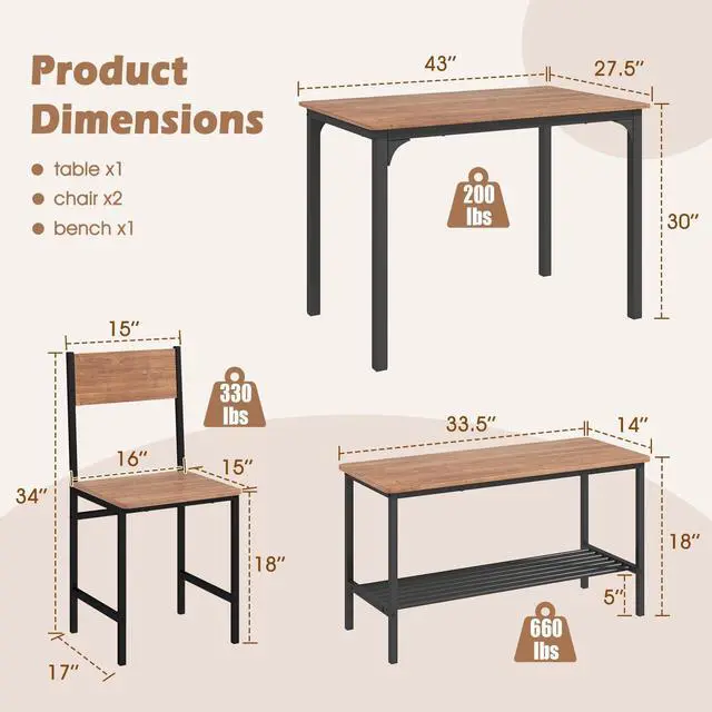 Alt view image 3 of 5 - Dining Table Set for 4, Kitchen Table with Bench and Chairs, Space Saving Rectangular Dinette Set, 4 Pieces Dining Set for Small Spaces, Apartment, Restaurant (Teak)