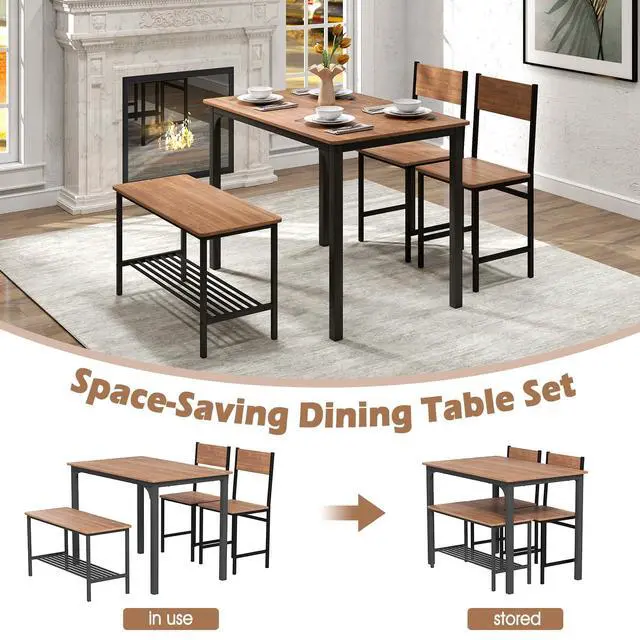 Alt view image 4 of 5 - Dining Table Set for 4, Kitchen Table with Bench and Chairs, Space Saving Rectangular Dinette Set, 4 Pieces Dining Set for Small Spaces, Apartment, Restaurant (Teak)