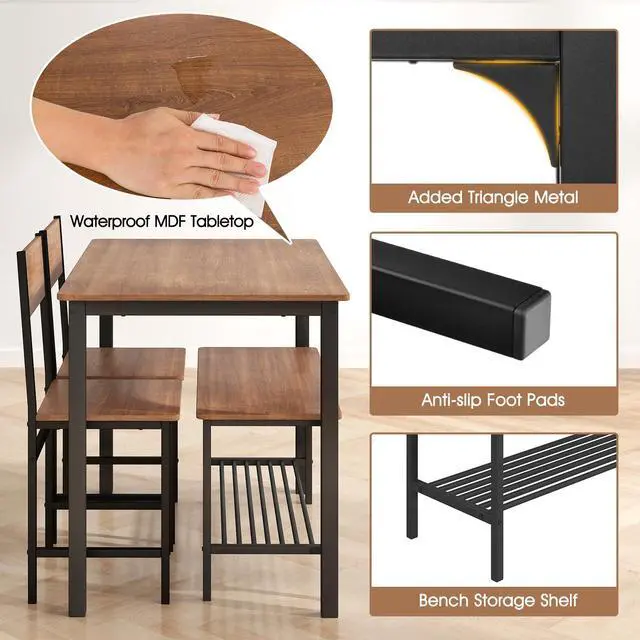 Alt view image 5 of 5 - Dining Table Set for 4, Kitchen Table with Bench and Chairs, Space Saving Rectangular Dinette Set, 4 Pieces Dining Set for Small Spaces, Apartment, Restaurant (Teak)