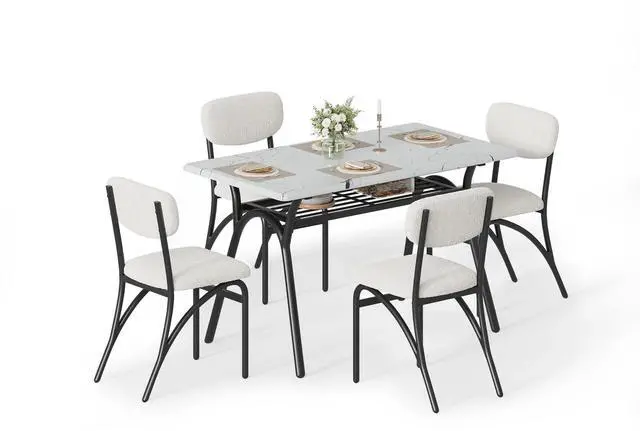 Main image of Dining Table Set for 4, Kitchen Table and Chairs Set of 4 with Boucle Chairs, Small Kitchen Table Set for 4, Modern Rectangular Dining Table with Storage Rack for Small Space, Apartment, Restaurant