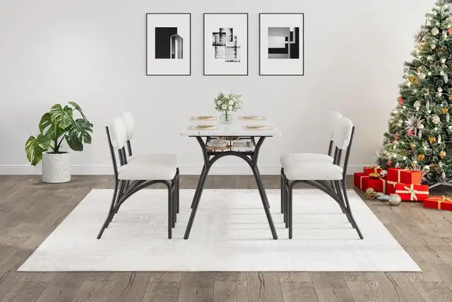 Alt view image 2 of 6 - Dining Table Set for 4, Kitchen Table and Chairs Set of 4 with Boucle Chairs, Small Kitchen Table Set for 4, Modern Rectangular Dining Table with Storage Rack for Small Space, Apartment, Restaurant