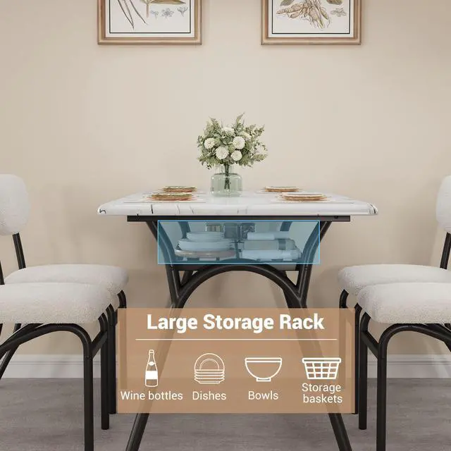 Alt view image 4 of 6 - Dining Table Set for 4, Kitchen Table and Chairs Set of 4 with Boucle Chairs, Small Kitchen Table Set for 4, Modern Rectangular Dining Table with Storage Rack for Small Space, Apartment, Restaurant