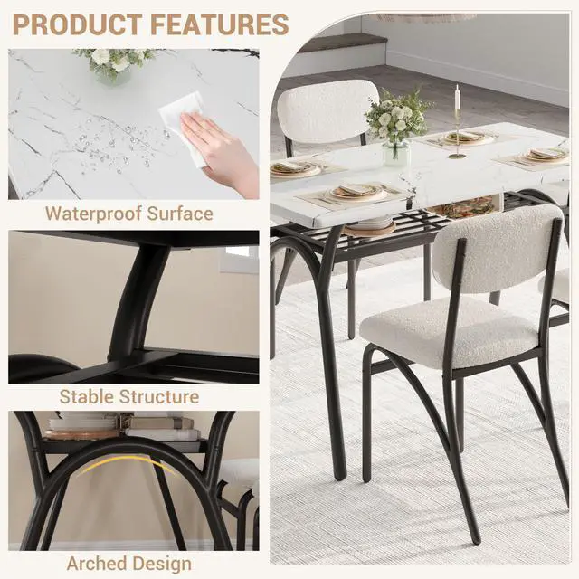 Alt view image 5 of 6 - Dining Table Set for 4, Kitchen Table and Chairs Set of 4 with Boucle Chairs, Small Kitchen Table Set for 4, Modern Rectangular Dining Table with Storage Rack for Small Space, Apartment, Restaurant