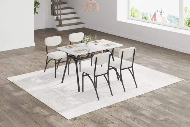 Alt view image 6 of 6 - Dining Table Set for 4, Kitchen Table and Chairs Set of 4 with Boucle Chairs, Small Kitchen Table Set for 4, Modern Rectangular Dining Table with Storage Rack for Small Space, Apartment, Restaurant