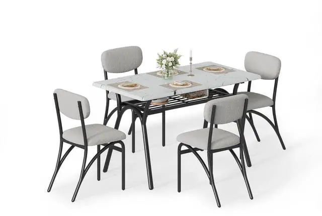 Main image of Dining Table Set for 4, Kitchen Table and Chairs Set of 4 with Boucle Chairs, Small Kitchen Table Set for 4, Modern Rectangular Dining Table with Storage Rack for Small Space, Apartment, Restaurant