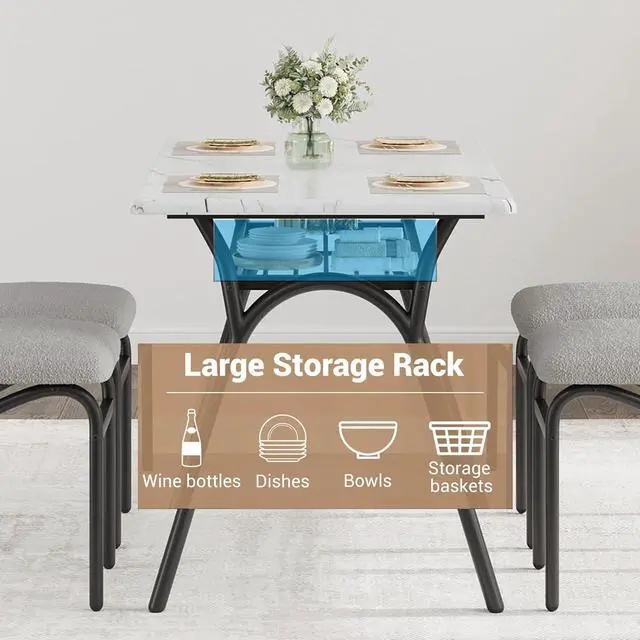 Alt view image 3 of 6 - Dining Table Set for 4, Kitchen Table and Chairs Set of 4 with Boucle Chairs, Small Kitchen Table Set for 4, Modern Rectangular Dining Table with Storage Rack for Small Space, Apartment, Restaurant