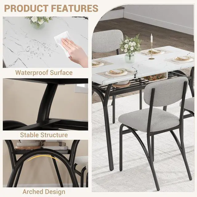 Alt view image 5 of 6 - Dining Table Set for 4, Kitchen Table and Chairs Set of 4 with Boucle Chairs, Small Kitchen Table Set for 4, Modern Rectangular Dining Table with Storage Rack for Small Space, Apartment, Restaurant