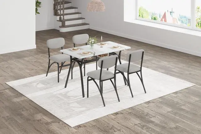 Alt view image 6 of 6 - Dining Table Set for 4, Kitchen Table and Chairs Set of 4 with Boucle Chairs, Small Kitchen Table Set for 4, Modern Rectangular Dining Table with Storage Rack for Small Space, Apartment, Restaurant