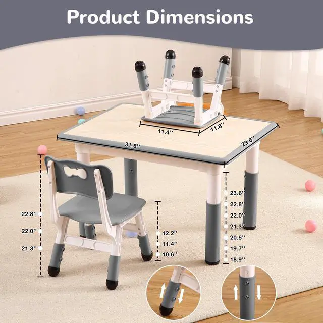 Alt view image 4 of 6 - Kids Table and 4 Chairs Set, Toddler Height Adjustable Desk with Graffiti Desktop, Non-Slip Legs, Max 300lbs,Arts & Crafts Table,Children Multi-Activity Table for Classrooms,Home,Daycares