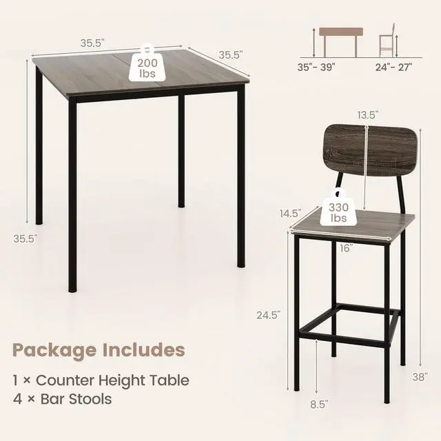 Alt view image 3 of 6 - 5 Piece Dining Table Set, Kitchen Table and Chairs for 4, Industrial Counter Height Dining Table and 4 Bar Chairs Dinette Set with Metal Frame for Pub Dining Room Restaurant Grey