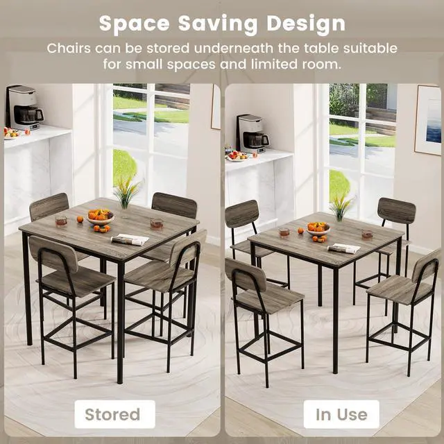 Alt view image 4 of 6 - 5 Piece Dining Table Set, Kitchen Table and Chairs for 4, Industrial Counter Height Dining Table and 4 Bar Chairs Dinette Set with Metal Frame for Pub Dining Room Restaurant Grey