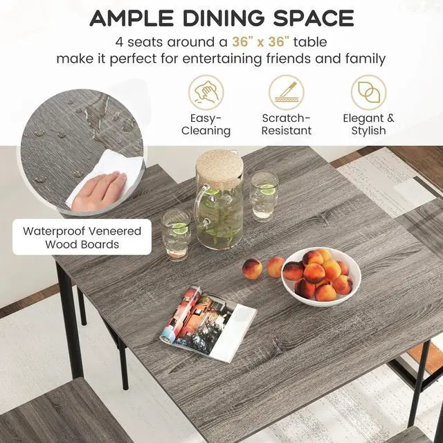 Alt view image 5 of 6 - 5 Piece Dining Table Set, Kitchen Table and Chairs for 4, Industrial Counter Height Dining Table and 4 Bar Chairs Dinette Set with Metal Frame for Pub Dining Room Restaurant Grey
