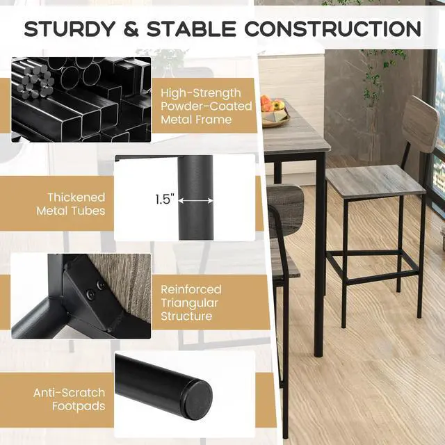 Alt view image 6 of 6 - 5 Piece Dining Table Set, Kitchen Table and Chairs for 4, Industrial Counter Height Dining Table and 4 Bar Chairs Dinette Set with Metal Frame for Pub Dining Room Restaurant Grey