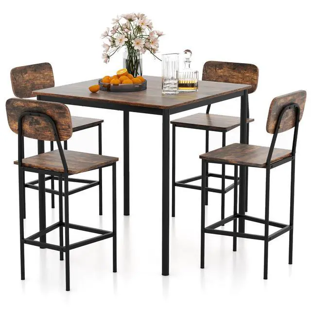 Alt view image 2 of 6 - 5 Piece Dining Table Set, Kitchen Table and Chairs for 4, Industrial Counter Height Dining Table and 4 Bar Chairs Dinette Set with Metal Frame for Pub Dining Room Restaurant Rustic