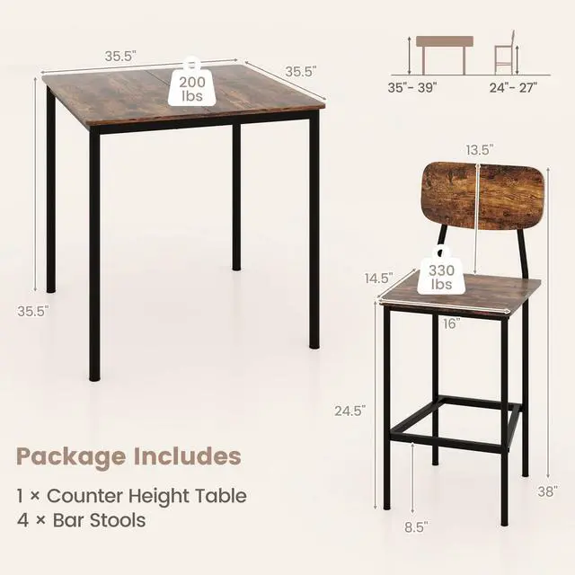 Alt view image 3 of 6 - 5 Piece Dining Table Set, Kitchen Table and Chairs for 4, Industrial Counter Height Dining Table and 4 Bar Chairs Dinette Set with Metal Frame for Pub Dining Room Restaurant Rustic