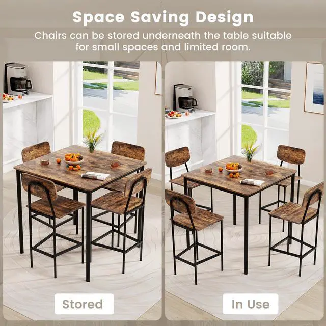 Alt view image 4 of 6 - 5 Piece Dining Table Set, Kitchen Table and Chairs for 4, Industrial Counter Height Dining Table and 4 Bar Chairs Dinette Set with Metal Frame for Pub Dining Room Restaurant Rustic