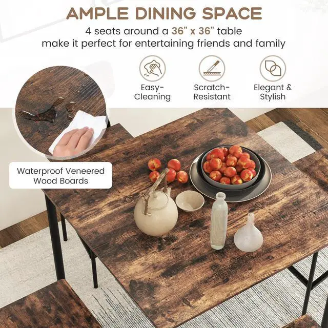 Alt view image 5 of 6 - 5 Piece Dining Table Set, Kitchen Table and Chairs for 4, Industrial Counter Height Dining Table and 4 Bar Chairs Dinette Set with Metal Frame for Pub Dining Room Restaurant Rustic