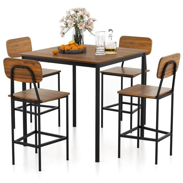 Alt view image 2 of 6 - 5 Piece Dining Table Set, Kitchen Table and Chairs for 4, Industrial Counter Height Dining Table and 4 Bar Chairs Dinette Set with Metal Frame for Pub Dining Room Restaurant Dark Brown