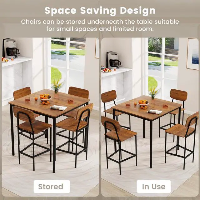 Alt view image 4 of 6 - 5 Piece Dining Table Set, Kitchen Table and Chairs for 4, Industrial Counter Height Dining Table and 4 Bar Chairs Dinette Set with Metal Frame for Pub Dining Room Restaurant Dark Brown
