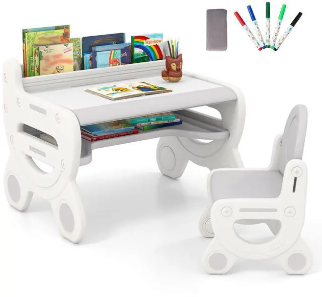 Main image of Kids Table and Chair Set, Plastic Children Activity Table and Chair w/Graffiti Desktop, Storage, Markers & Eraser, Toddler Table and Chair Set for Daycare Playroom Classroom (Gray)