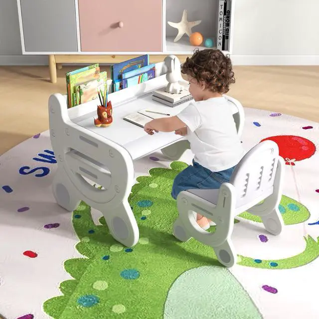Alt view image 2 of 6 - Kids Table and Chair Set, Plastic Children Activity Table and Chair w/Graffiti Desktop, Storage, Markers & Eraser, Toddler Table and Chair Set for Daycare Playroom Classroom (Gray)