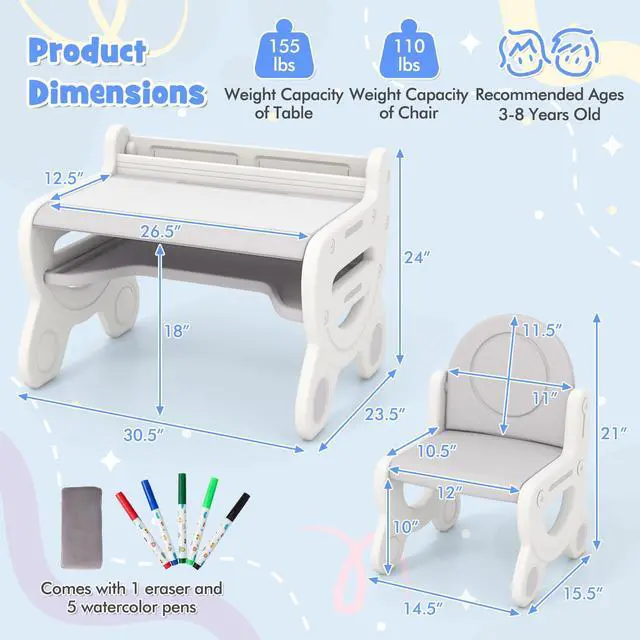 Alt view image 3 of 6 - Kids Table and Chair Set, Plastic Children Activity Table and Chair w/Graffiti Desktop, Storage, Markers & Eraser, Toddler Table and Chair Set for Daycare Playroom Classroom (Gray)
