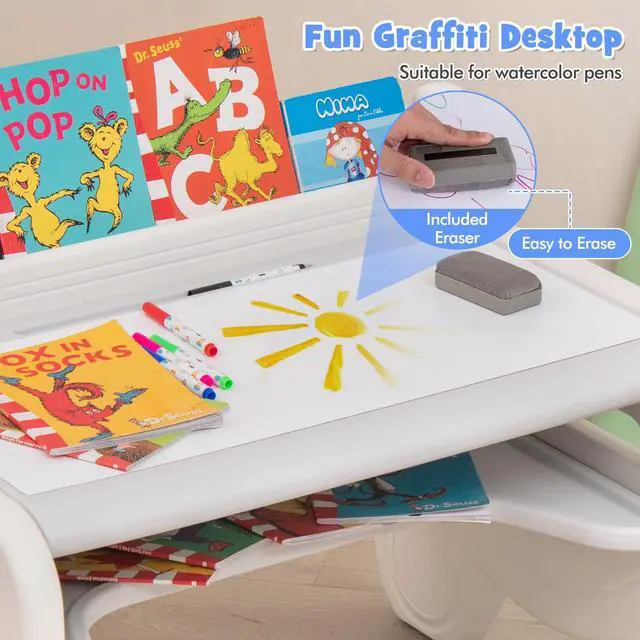 Alt view image 4 of 6 - Kids Table and Chair Set, Plastic Children Activity Table and Chair w/Graffiti Desktop, Storage, Markers & Eraser, Toddler Table and Chair Set for Daycare Playroom Classroom (Gray)