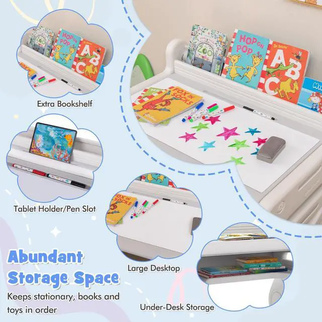 Alt view image 6 of 6 - Kids Table and Chair Set, Plastic Children Activity Table and Chair w/Graffiti Desktop, Storage, Markers & Eraser, Toddler Table and Chair Set for Daycare Playroom Classroom (Gray)