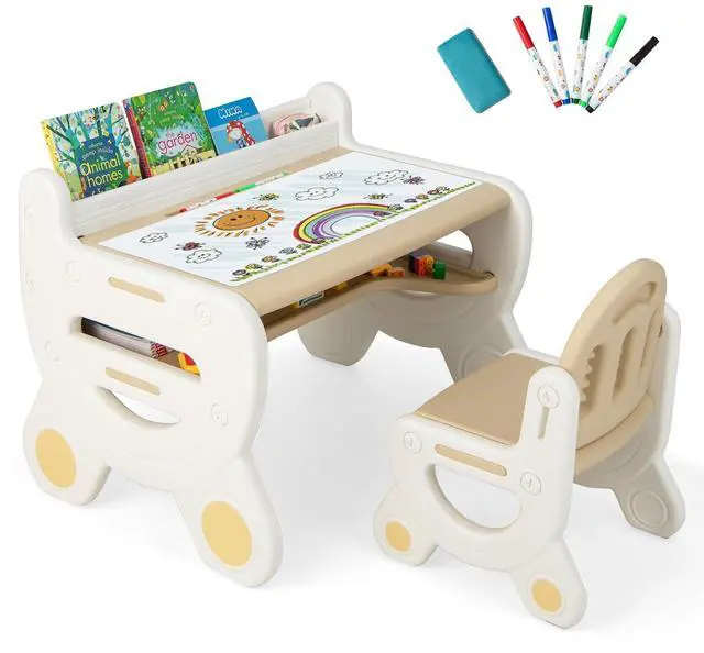 Main image of Kids Table and Chair Set, Plastic Children Activity Table and Chair w/Graffiti Desktop, Storage, Markers & Eraser, Toddler Table and Chair Set for Daycare Playroom Classroom (Coffee)
