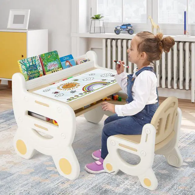 Alt view image 2 of 6 - Kids Table and Chair Set, Plastic Children Activity Table and Chair w/Graffiti Desktop, Storage, Markers & Eraser, Toddler Table and Chair Set for Daycare Playroom Classroom (Coffee)