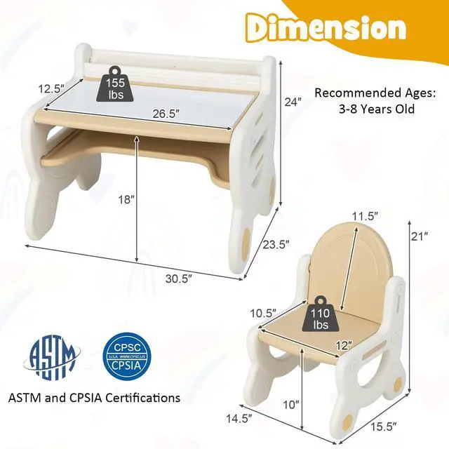 Alt view image 3 of 6 - Kids Table and Chair Set, Plastic Children Activity Table and Chair w/Graffiti Desktop, Storage, Markers & Eraser, Toddler Table and Chair Set for Daycare Playroom Classroom (Coffee)