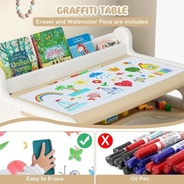 Alt view image 4 of 6 - Kids Table and Chair Set, Plastic Children Activity Table and Chair w/Graffiti Desktop, Storage, Markers & Eraser, Toddler Table and Chair Set for Daycare Playroom Classroom (Coffee)