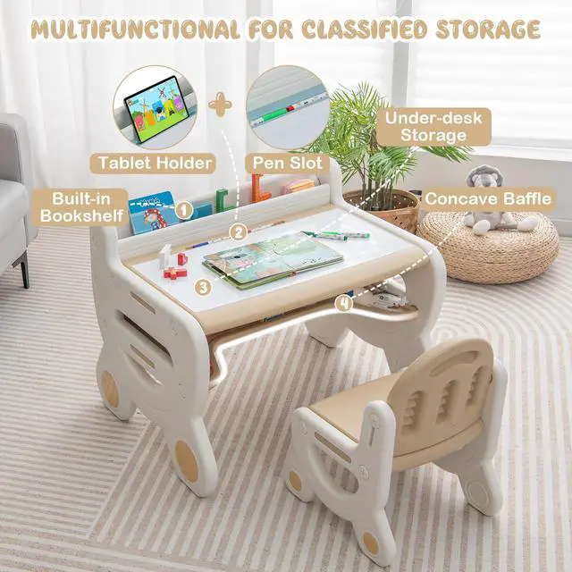 Alt view image 5 of 6 - Kids Table and Chair Set, Plastic Children Activity Table and Chair w/Graffiti Desktop, Storage, Markers & Eraser, Toddler Table and Chair Set for Daycare Playroom Classroom (Coffee)