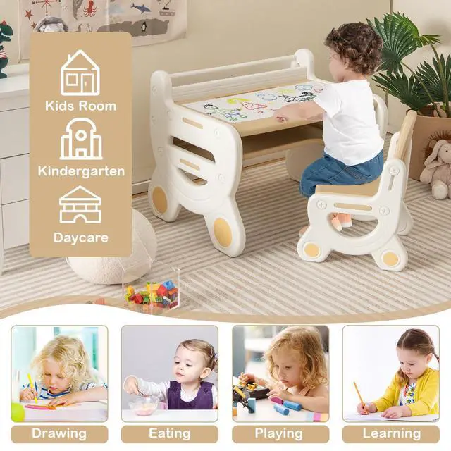 Alt view image 6 of 6 - Kids Table and Chair Set, Plastic Children Activity Table and Chair w/Graffiti Desktop, Storage, Markers & Eraser, Toddler Table and Chair Set for Daycare Playroom Classroom (Coffee)