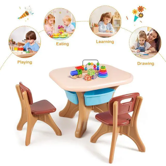 Alt view image 3 of 6 - Kids Table and Chair Set with Storage Bin, 3 Piece Activity Table Set with 2 Chairs for Toddler, Children Art Crafts Study Desk for Reading, Drawing, Painting (Coffee)
