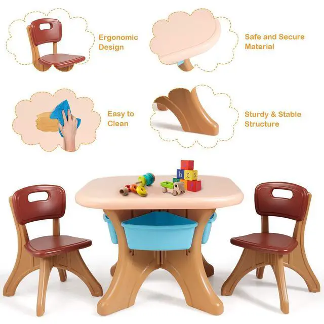 Alt view image 4 of 6 - Kids Table and Chair Set with Storage Bin, 3 Piece Activity Table Set with 2 Chairs for Toddler, Children Art Crafts Study Desk for Reading, Drawing, Painting (Coffee)
