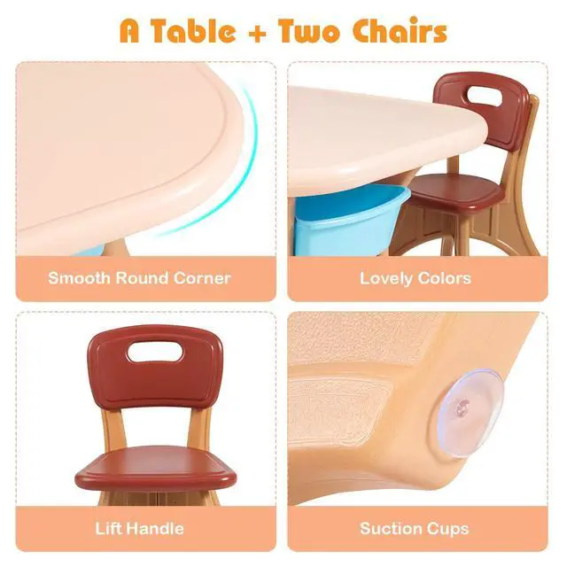 Alt view image 5 of 6 - Kids Table and Chair Set with Storage Bin, 3 Piece Activity Table Set with 2 Chairs for Toddler, Children Art Crafts Study Desk for Reading, Drawing, Painting (Coffee)