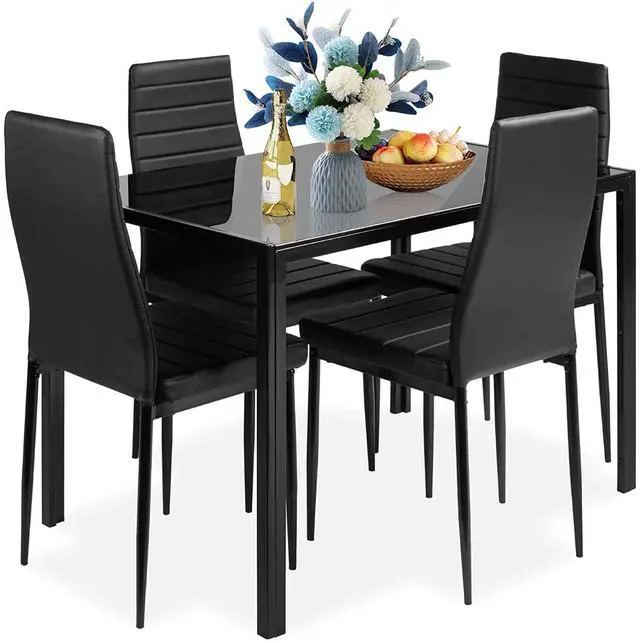 Main image of 5 Piece Dining Room Table Set for 4, Dining Table Set with Tempered Glass Table Top and 4 Faux Leather Chairs for Small Spaces Kitchen, Black