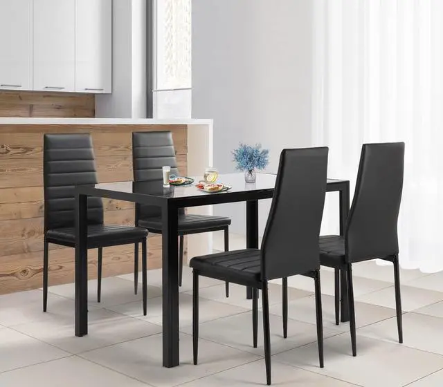 Alt view image 2 of 6 - 5 Piece Dining Room Table Set for 4, Dining Table Set with Tempered Glass Table Top and 4 Faux Leather Chairs for Small Spaces Kitchen, Black