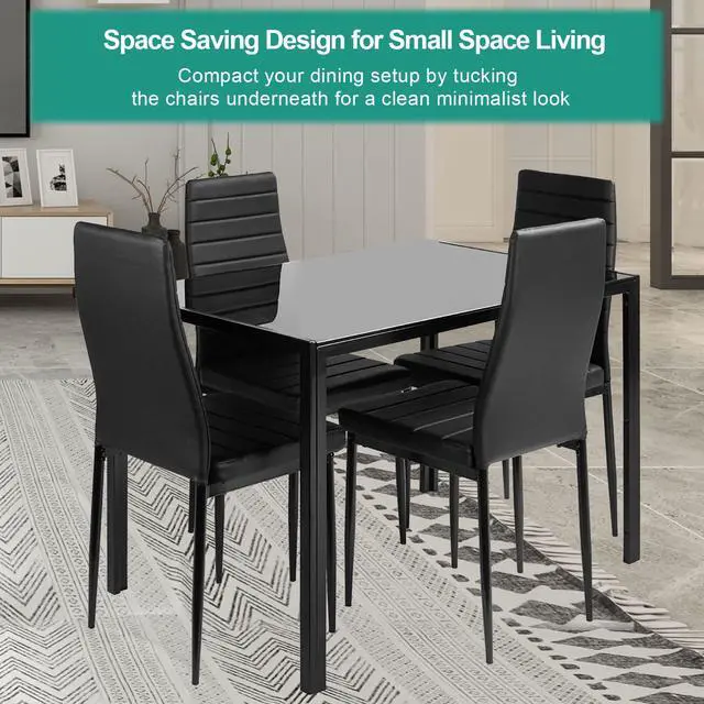 Alt view image 5 of 6 - 5 Piece Dining Room Table Set for 4, Dining Table Set with Tempered Glass Table Top and 4 Faux Leather Chairs for Small Spaces Kitchen, Black