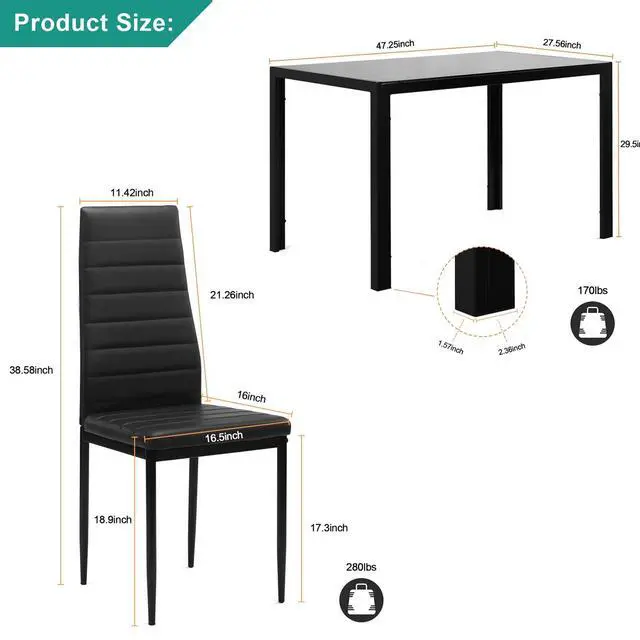 Alt view image 6 of 6 - 5 Piece Dining Room Table Set for 4, Dining Table Set with Tempered Glass Table Top and 4 Faux Leather Chairs for Small Spaces Kitchen, Black