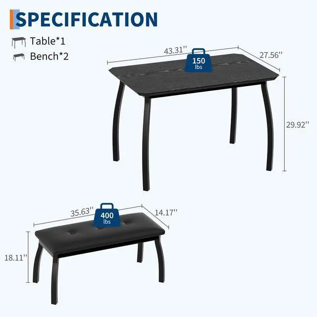 Alt view image 2 of 6 - Dining Table Set for 4, Rectangular Wood Kitchen Table with 2 Upholstered Chairs, Modern Farmhouse Dining Set for Small Spaces, for Kitchen Room and Small Spaces (Black)