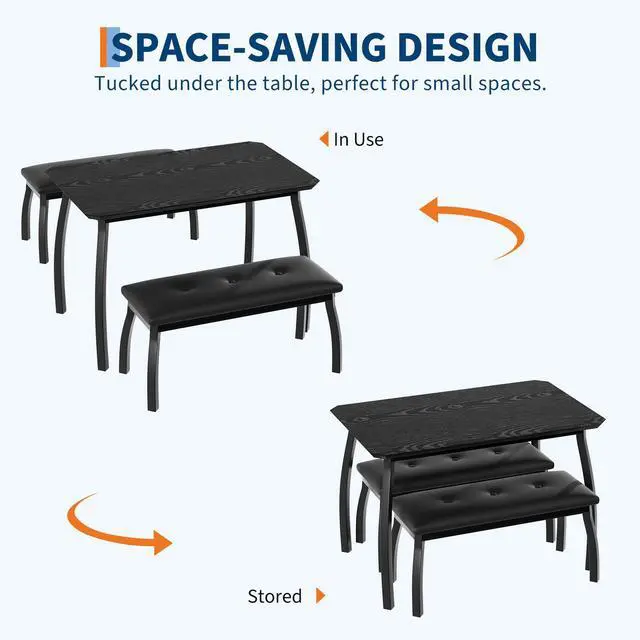 Alt view image 3 of 6 - Dining Table Set for 4, Rectangular Wood Kitchen Table with 2 Upholstered Chairs, Modern Farmhouse Dining Set for Small Spaces, for Kitchen Room and Small Spaces (Black)