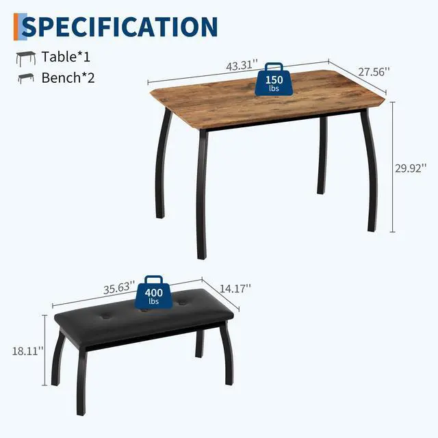 Alt view image 2 of 6 - Dining Table Set for 4, Rectangular Wood Kitchen Table with 2 Upholstered Chairs, Modern Farmhouse Dining Set for Small Spaces, for Kitchen Room and Small Spaces (Brown)